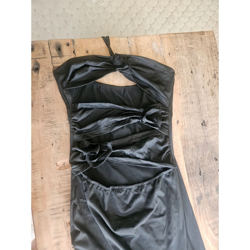 Black Halter Maxi Dress Rosette Cut Out Ruched Evening Gown Women Long Dress